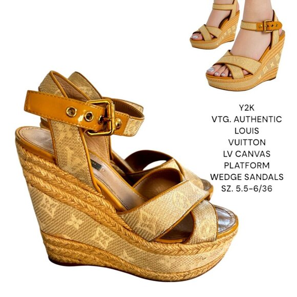 AUTHENTIC VTG. Y2K LOUIS VUITTON LV CANVAS LOGO PLATFORM WEDGE SANDALS‎ 5.5-6/36 - Picture 1 of 8